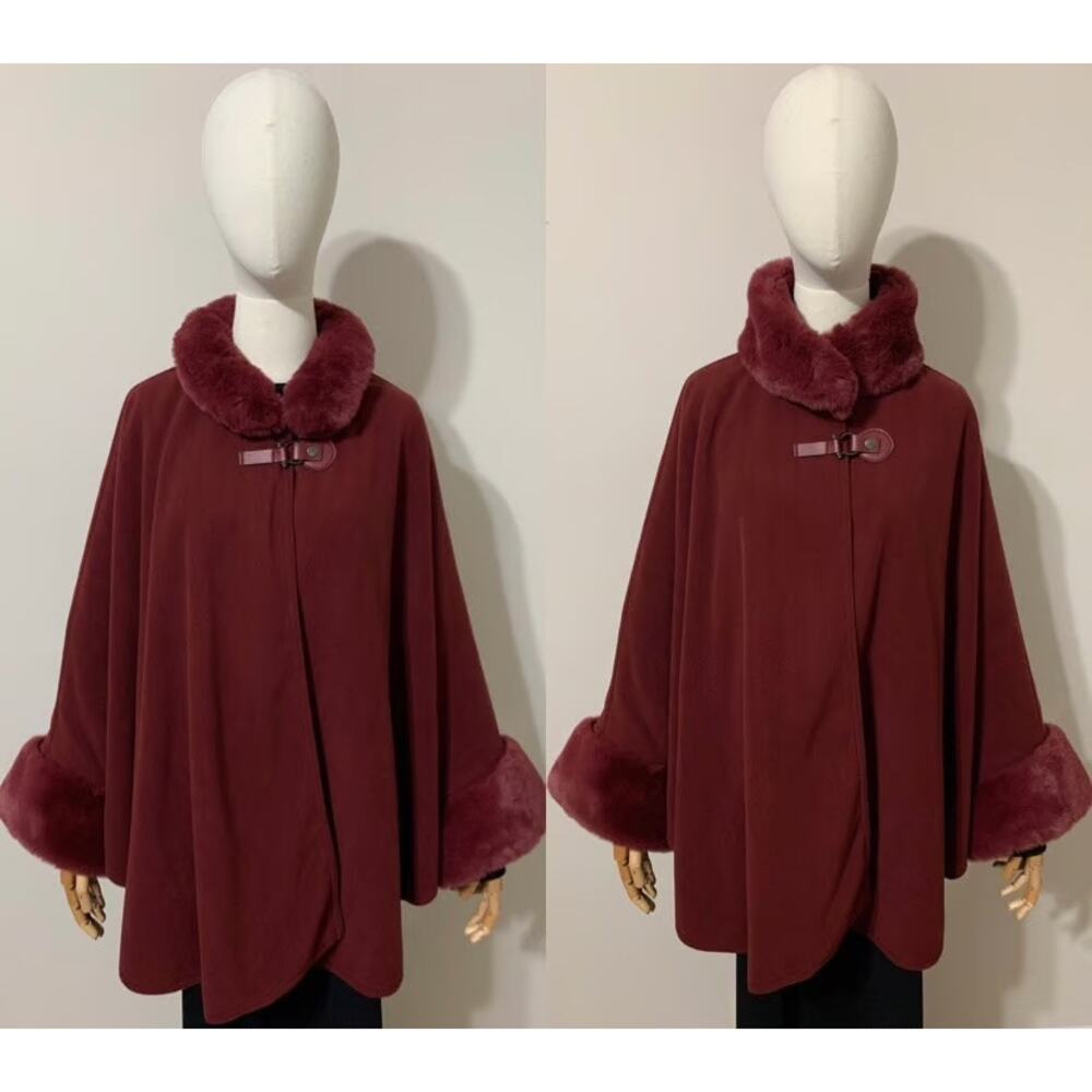 NWT - MARTHA STEWART Burgundy Faux Fur Fleece Ruana